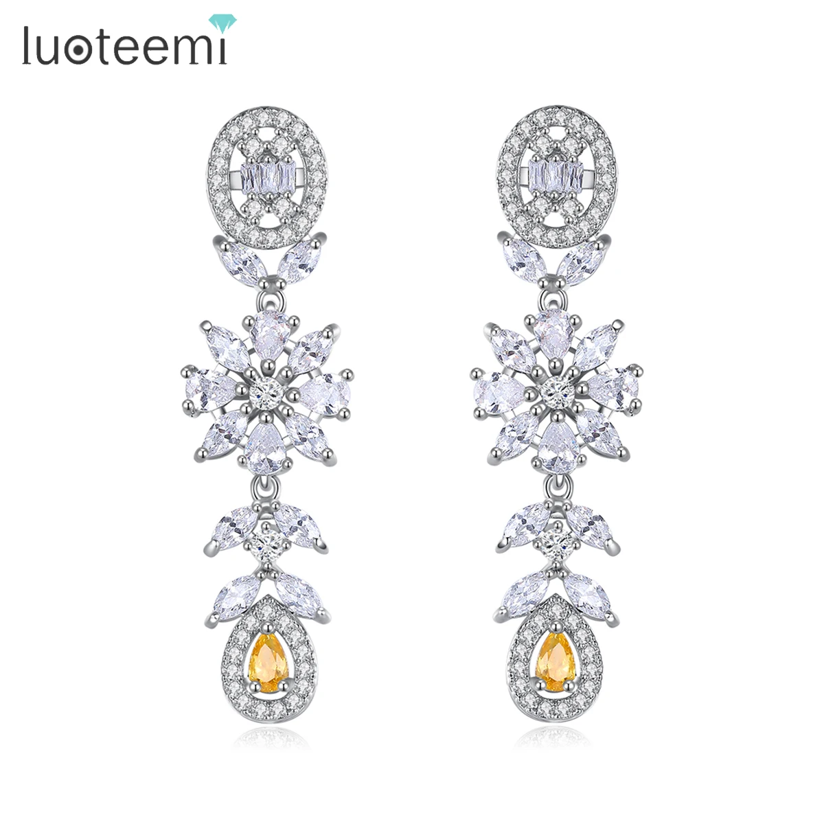 LUOTEEMI-Luxo Cubic Zirconia Flower Brinco Gota para Mulheres, Acessórios Orelha, Geométrica, Casamento, Nupcial, Na Moda, Moda