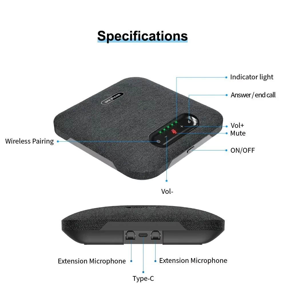 360 Degree Wireless USB Speakerphone for Conference Room 8M Voice Pick-up Range Speaker Microphone for Video Conference