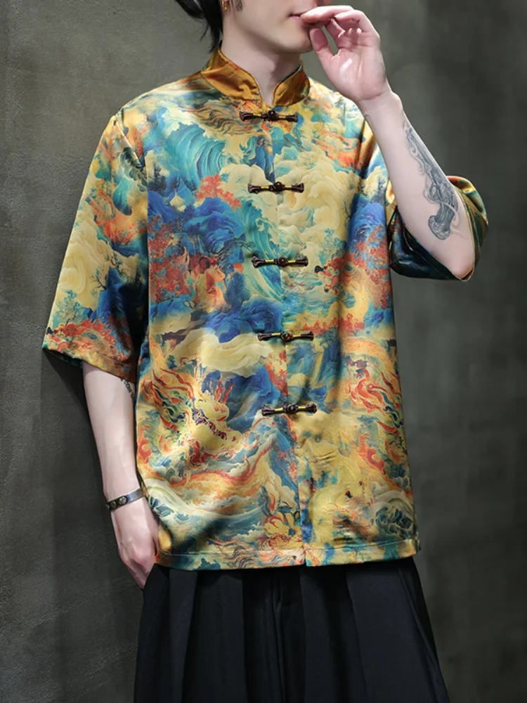 

Мужская летняя рубашка из ледяного шелка с коротким рукавом, в винтажном китайском стиле, на пуговицах, свободного кроя, дышащая, повседневная