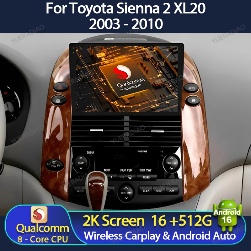 Radio para Auto Android 16 para Toyota Sienna 2 XL20 2003 - 2010, Unidad Principal con Carplay, Sistema Multimedia Central 2K QLED 2DIN DVD SWC