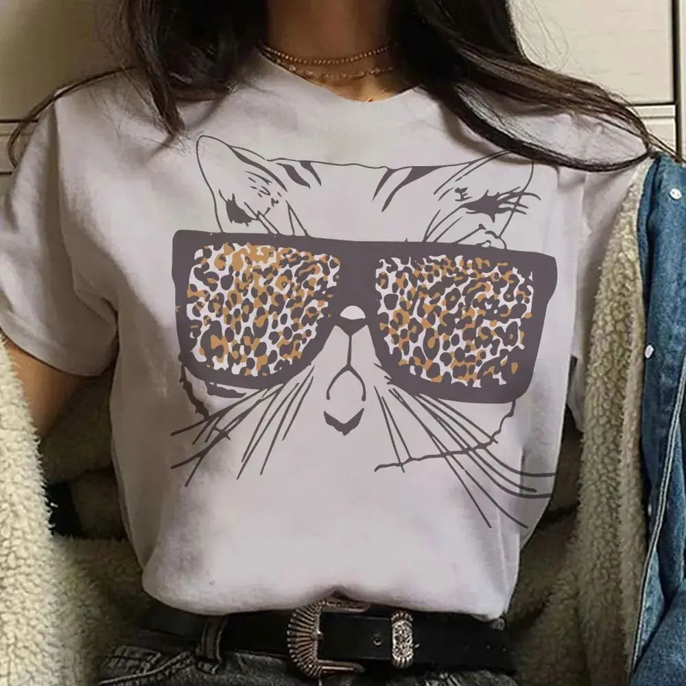 

New Girl Cat Glasses Printing Daily Casual Short Sleeve Summer Loose Sports Casual T-Shirt New Street Fashion T-Shirt Top