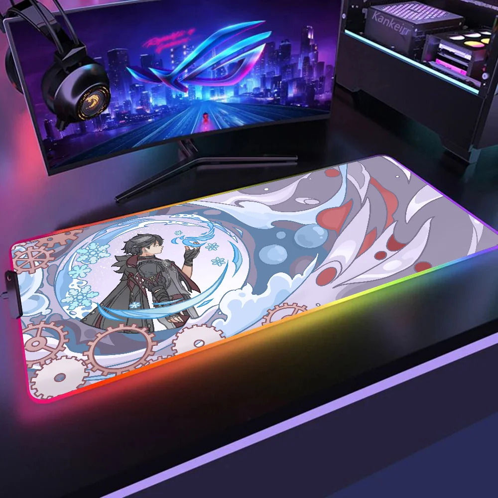 Genshin Impact Wriothesley Mousepad XXL RGB وسادات ماوس الألعاب HD ملحقات الألعاب السوداء LED الكبيرة