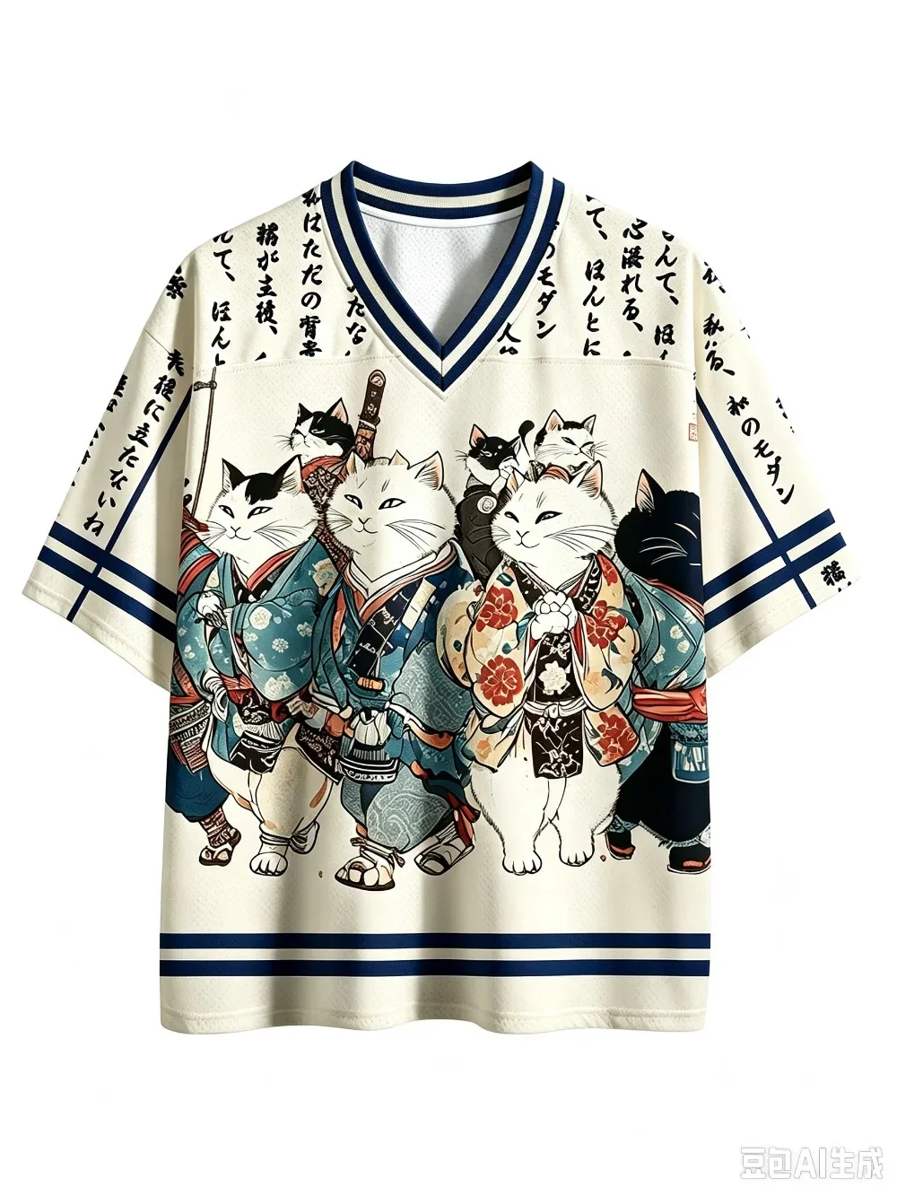 Japanese Ukiyo-e Samurai Cat 3DPrint Football Jersey Tshirt Unisex VneckLoose Short Sleeve Kanji Vintage Loose Casual Street Tee