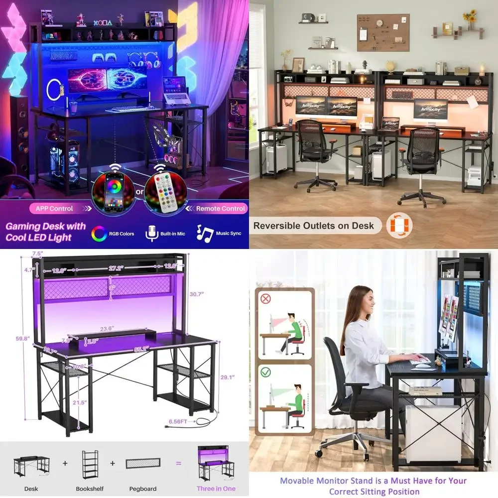"مكتب ألعاب معزز 2024 مزود بكرة، مكتب كمبيوتر مضاء بإضاءة LED مقاس 55.2 بوصة مع منافذ، مكتب محطة عمل قابل للعكس مع p"