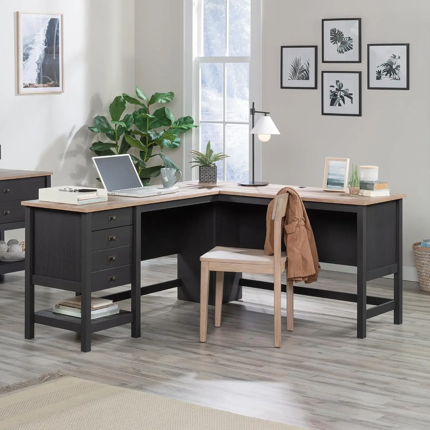 Home Office L Shaped Desk Raven Oak Finish Cottage Road Drawers File Cabinet Storage Cable Management