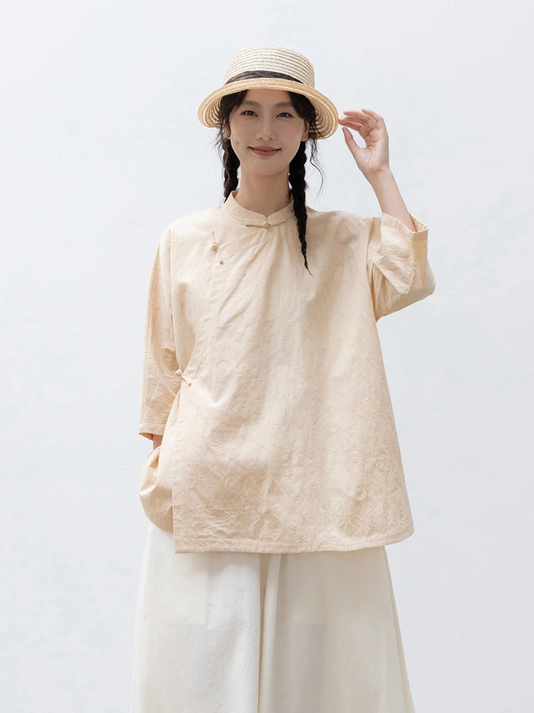

New Le Collection 00% Cotton Plant-Dyed Light Tea Color Early Autumn Chinese Sle Seven-Quarter Sve Top【Aromatic Tea】