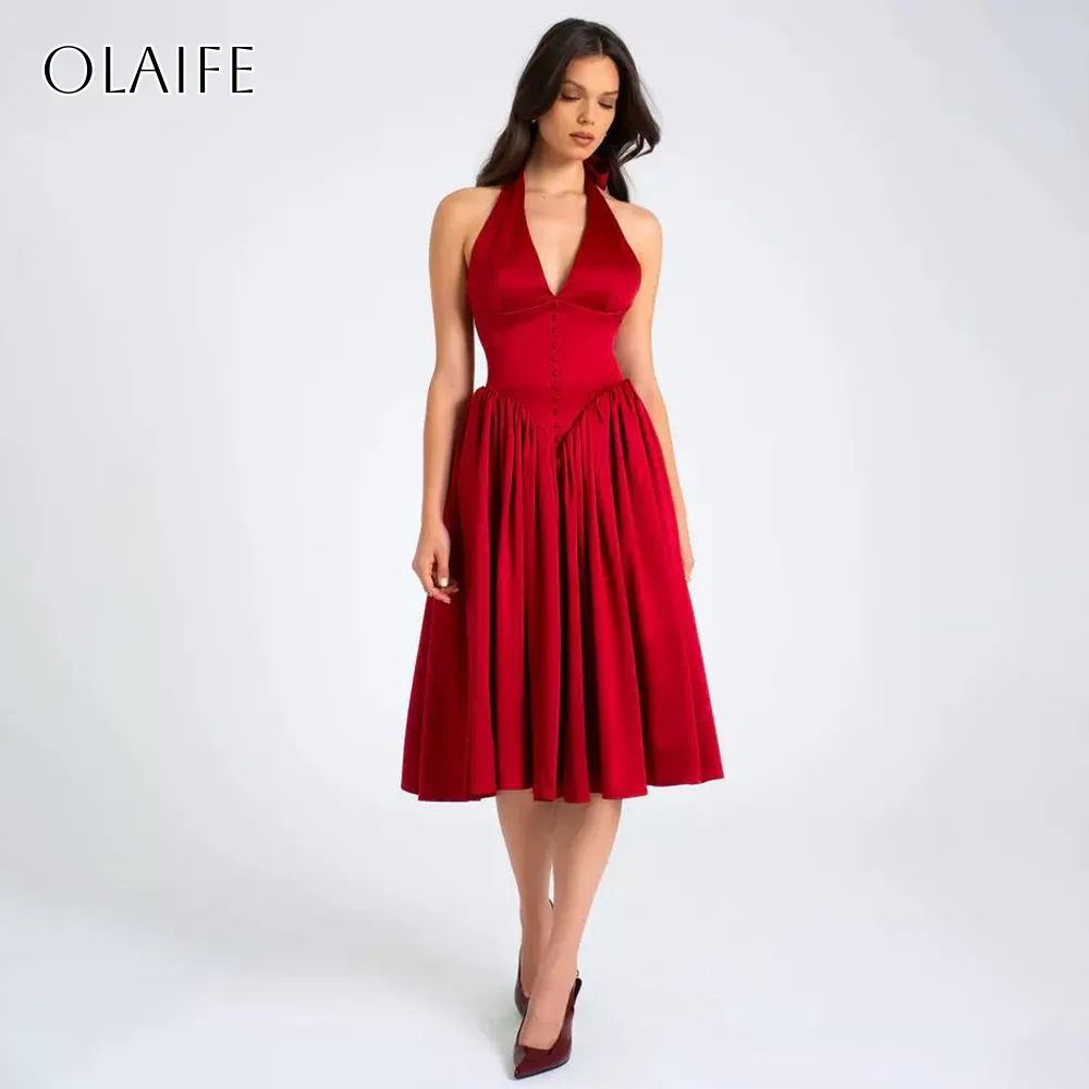 

Атласные платья трапециевидной формы с лямкой на шее и пуговицами длиной до чая, плиссированные, индивидуальные дополвенные премиальные доба tipo فساتين условия