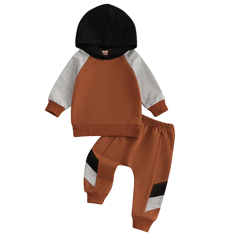 

Toddler Boy Fall Outfits Contrast Color Long Sleeve Hood Sweatshirt with Elastic Waist Pants 2Pcs Set