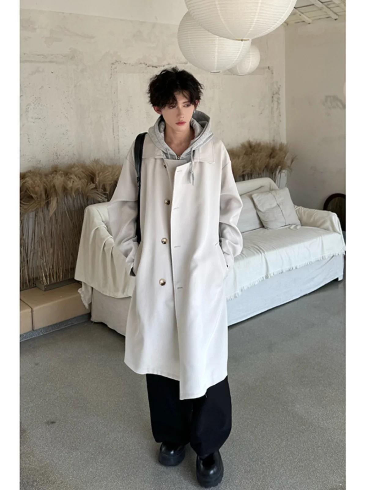 Korean Style Men's Hooded Jacket Coat Medium Length Casual Fashion Polyester Fabric Autumn Sun Protection Single Button Closure