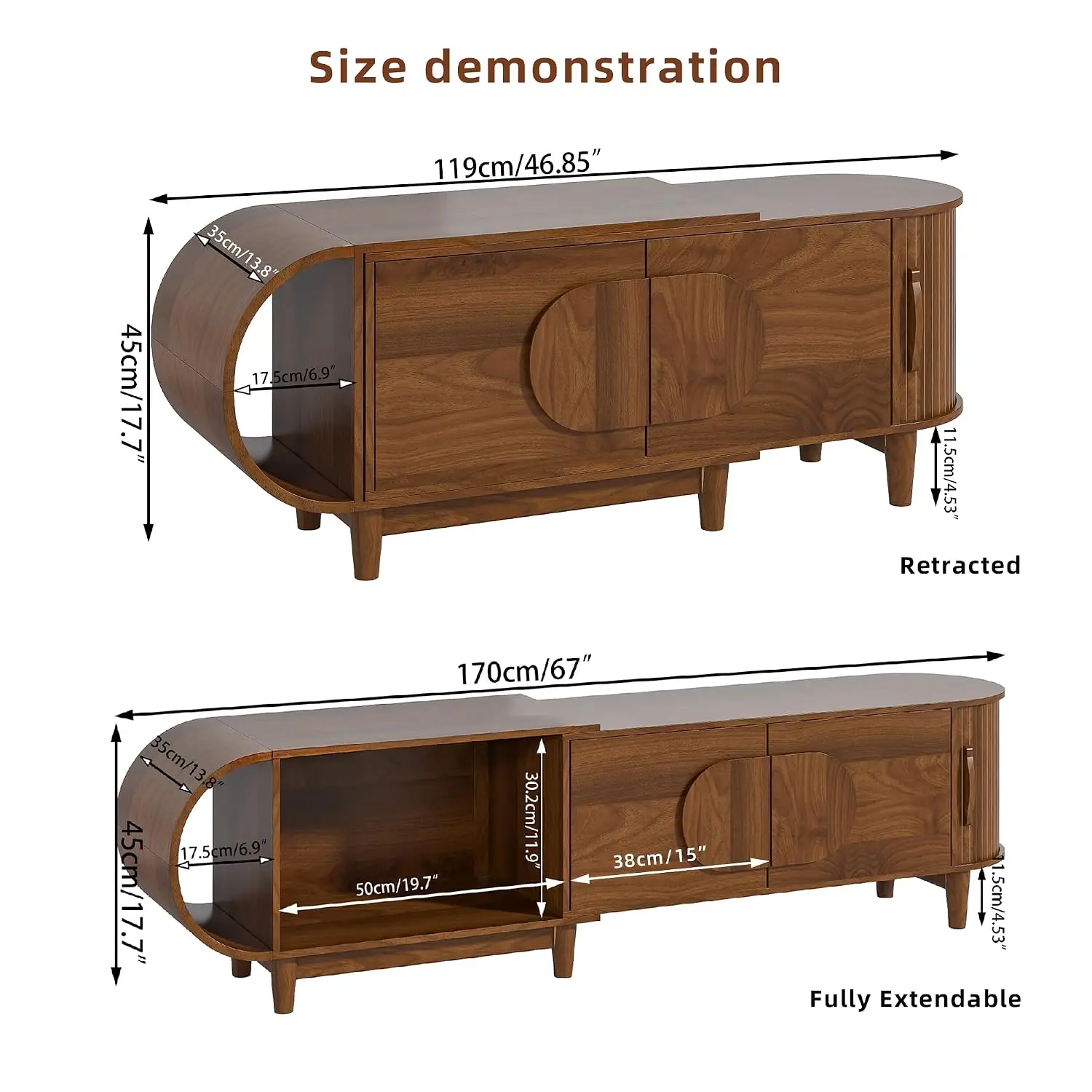 Extendable TV Stand for 40-75 Inch TVs, Entertainment Center with 3 Cabinets, Living Room & Bedroom, Mid Century Walnut 46.85