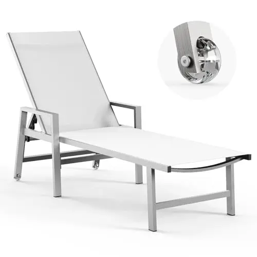Patio Chaise Lounge Outdoor with Wheels&Armrests, Aluminum Pool Lounge Chairs 5-Position Adjustable Recliner, Sun Beach