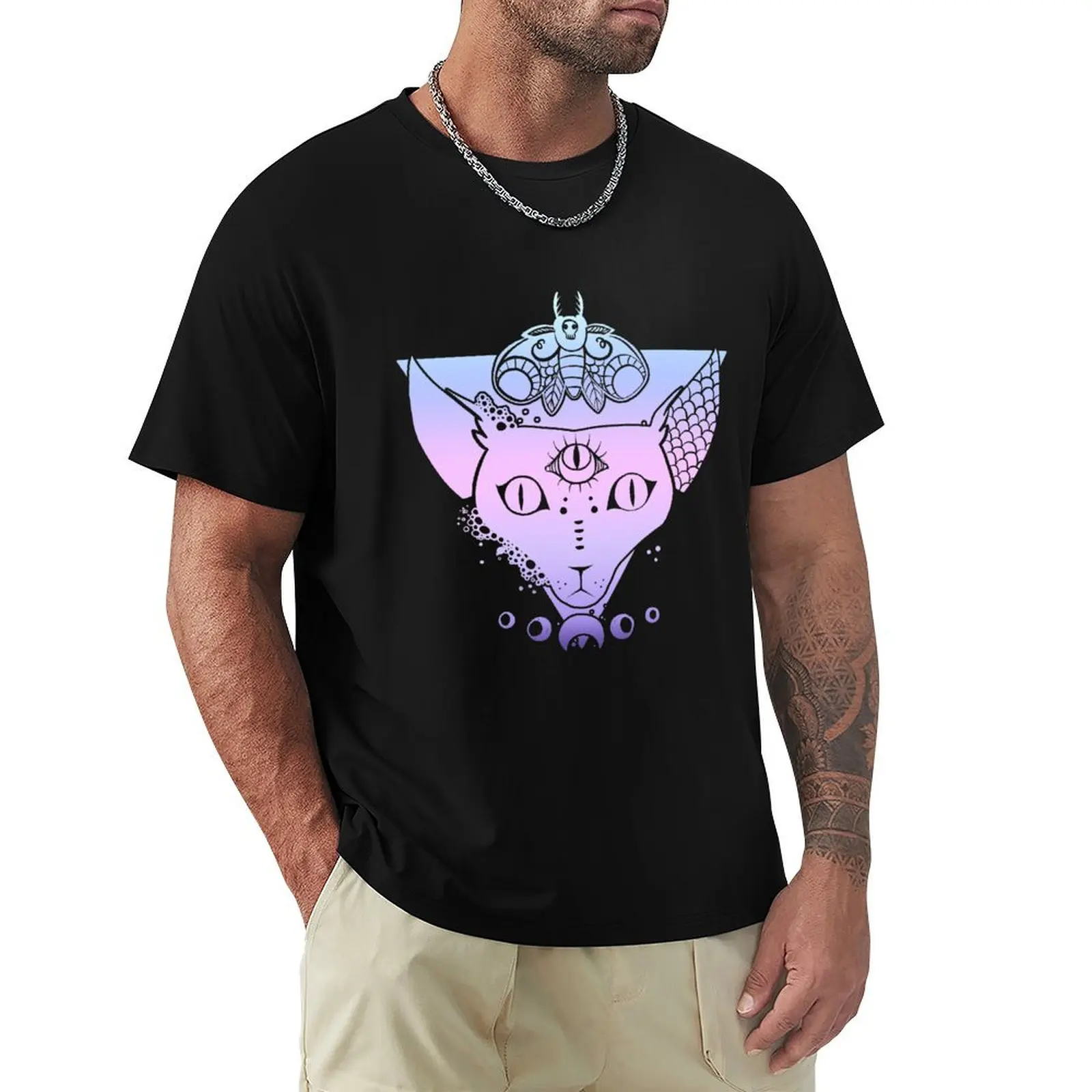 Sphynx Cat, Moth, Moon Phases, And Third Eye Design T-Shirt Work Outdoor T-Shirt for Men