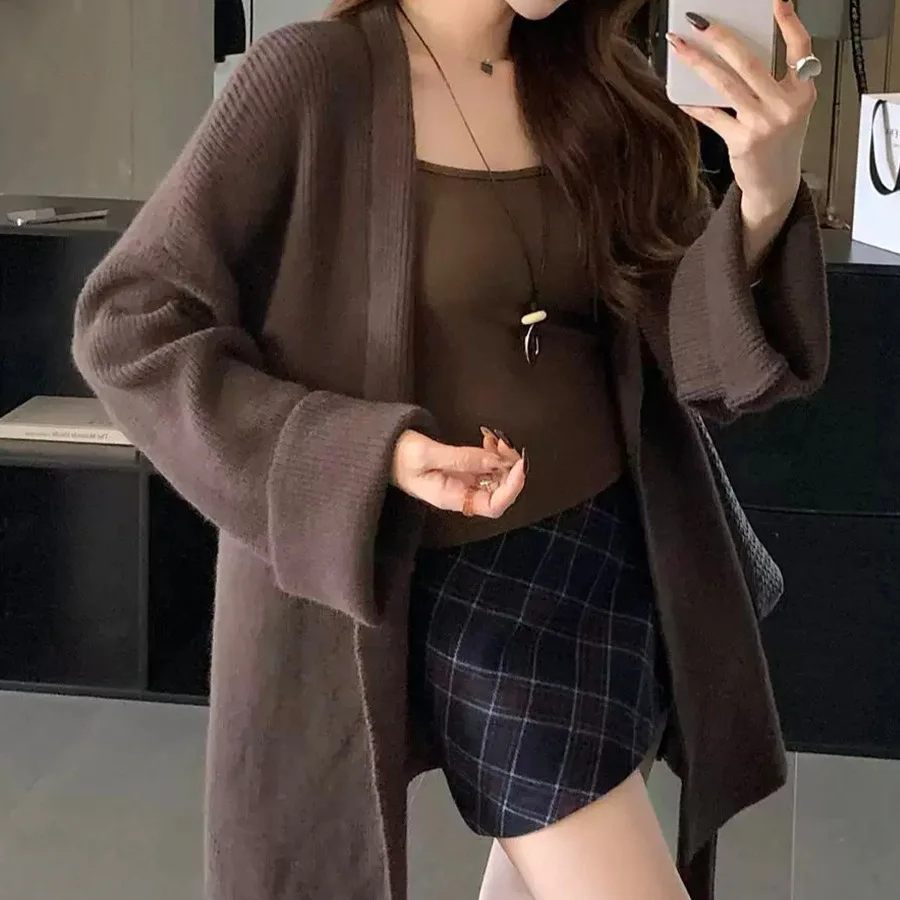 

Women Knitted Cardigan Sweaters Y2k Jumpers Lace Up V Neck Long Sleeves Open Stitch Loose Elegant Casual Autumn Winter 2025