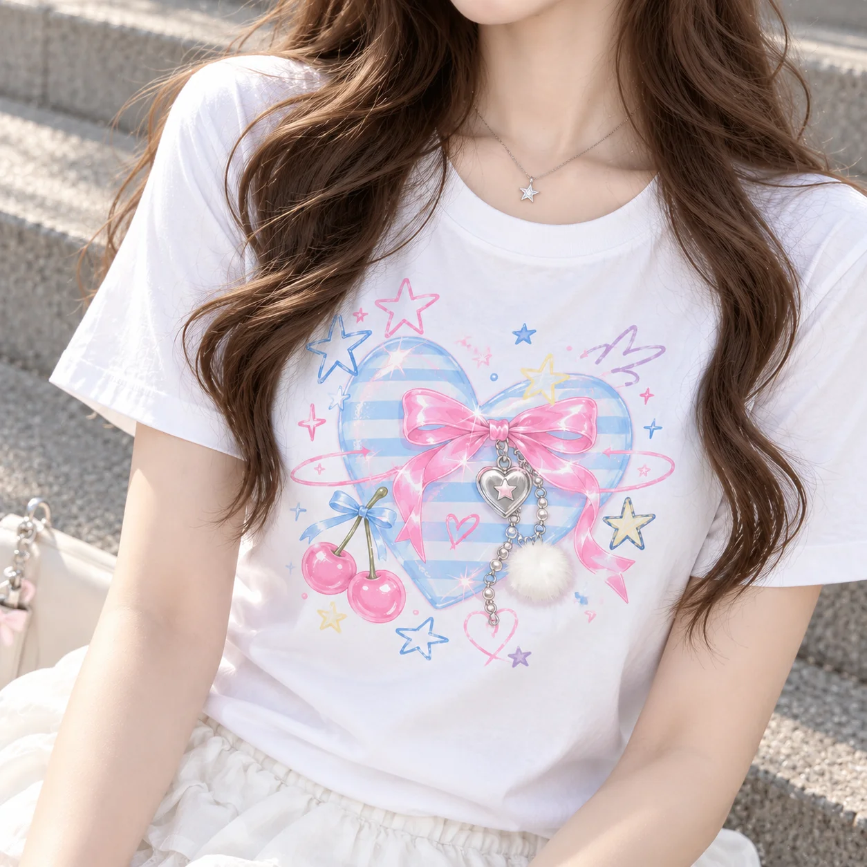 Women T-Shirt Cropped Fit Crew Neck Short Sleeve 100% Cotton Kawaii Heart Bow Cherry Star Graphic Y2K Pastel Aesthetic Top