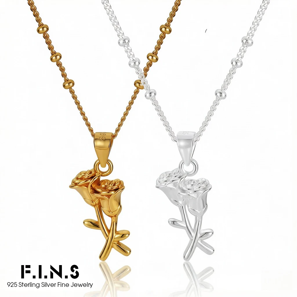 F.I.N.S Korean Style S925 Sterling Silver Vintage Rose Necklace Fashionable Minimalist Flower Pendants Collarbone Chain Gifts