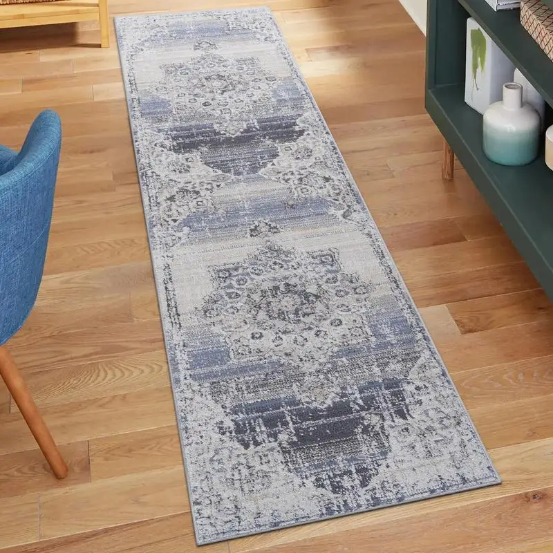 

Stylish Non-Shedding Area Rug 2X8 in Cream and Blue Medallion Design for Living Room, Bedroom, Dining, and Home Office, Stain