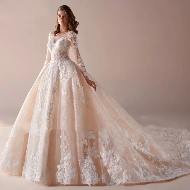 

Luxurious Champagne A-Line Lace Decal Women's Wedding Dress Sexy V-Neck Backless Long Sleeved Ballroom Bride Dress Customized