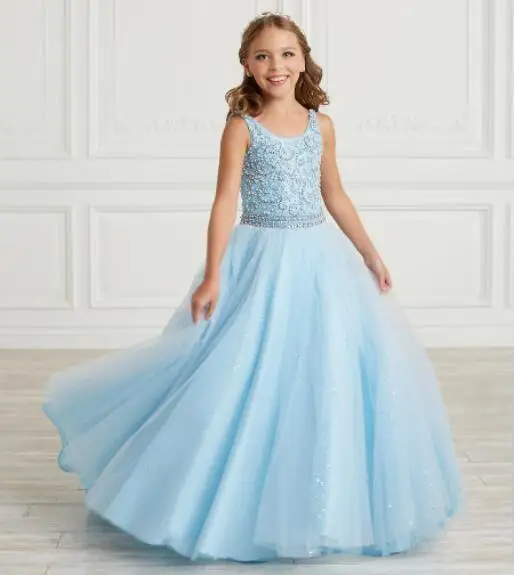 Vestidos de desfile para niñas azul cielo, línea A, tirantes finos, tul con cuentas, vestidos largos para niñas de flores para bodas, tutú para niños pequeños