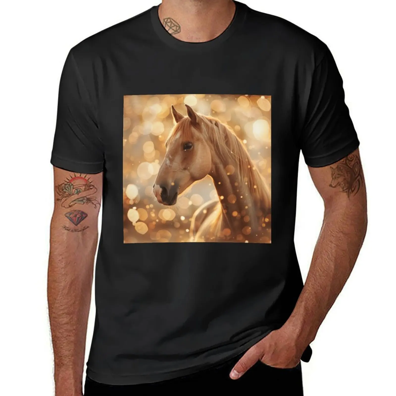 Golden Hour Horse Portrait with Bokeh - gold - equine T-Shirt blacks funnys mens cotton t shirts