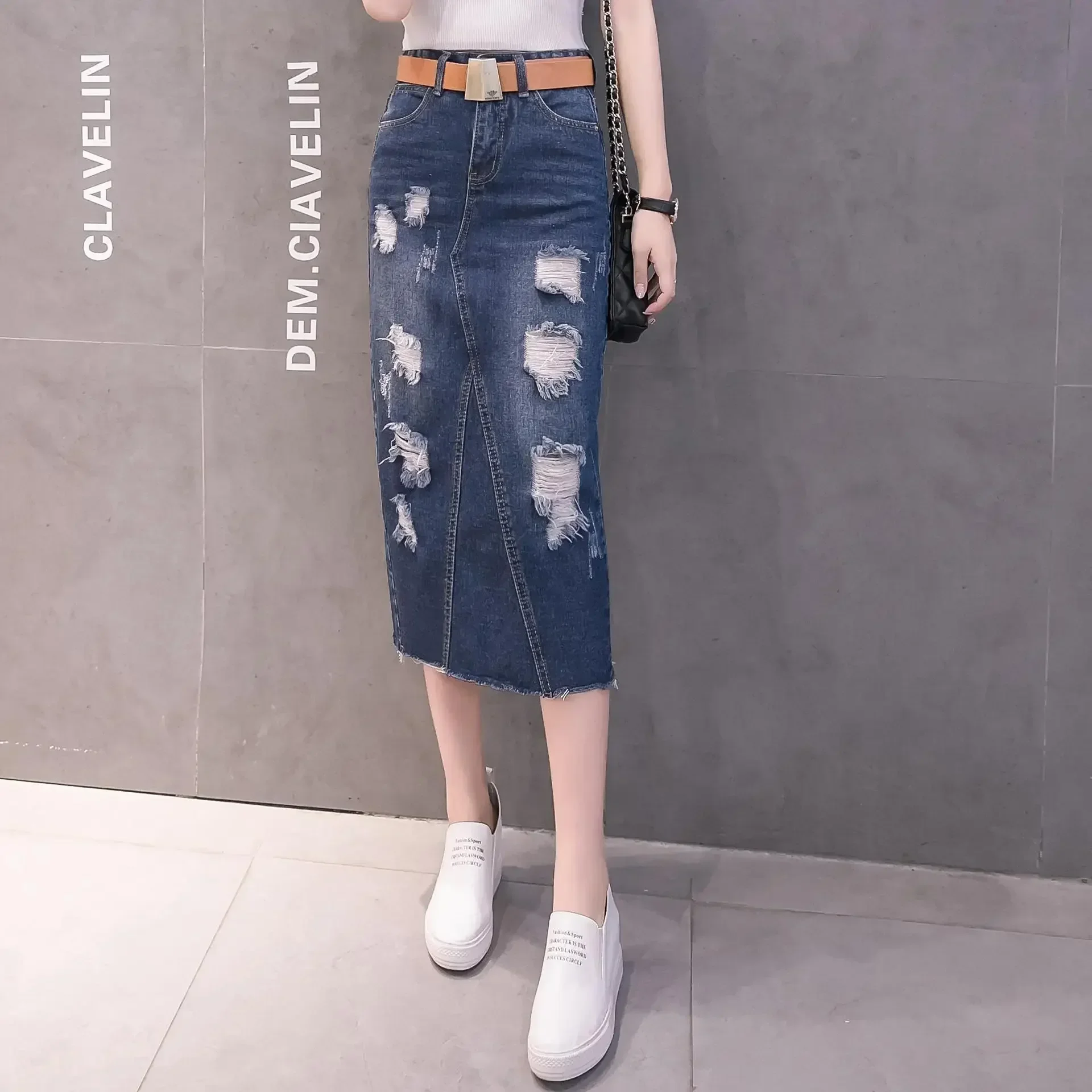 Denim Skirt Medium-Length High-Waisted Slimming Versatile Ripped Hip-Hugging Long Skirt For Spring And Autumn