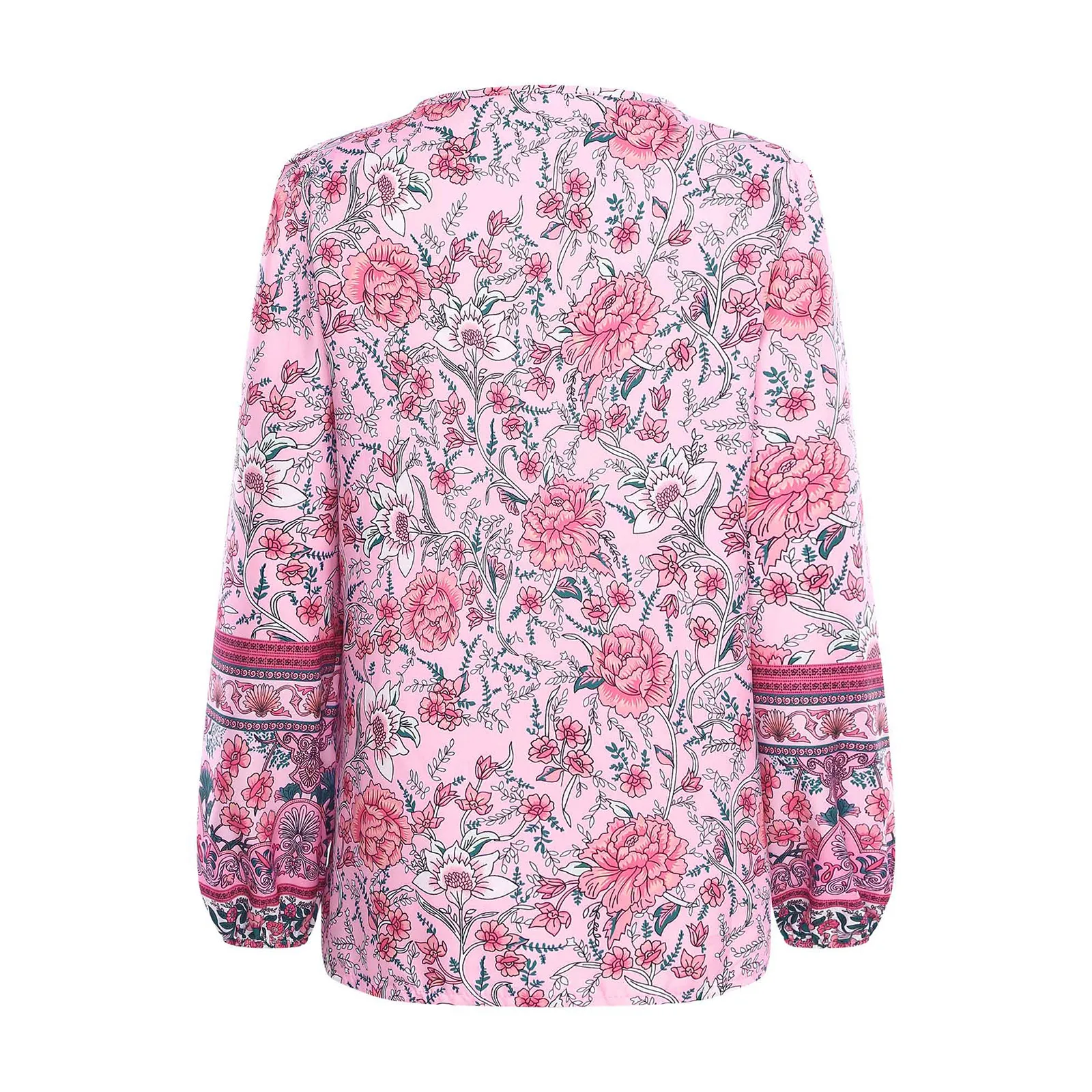 المرأة المألوف بوهو الخامس الرقبة طويلة الأكمام نمط الأزهار الذاتي تعادل حزام فضفاض تونك بلوزة غير رسمية القمم لقضاء عطلة ارتداء اليومي