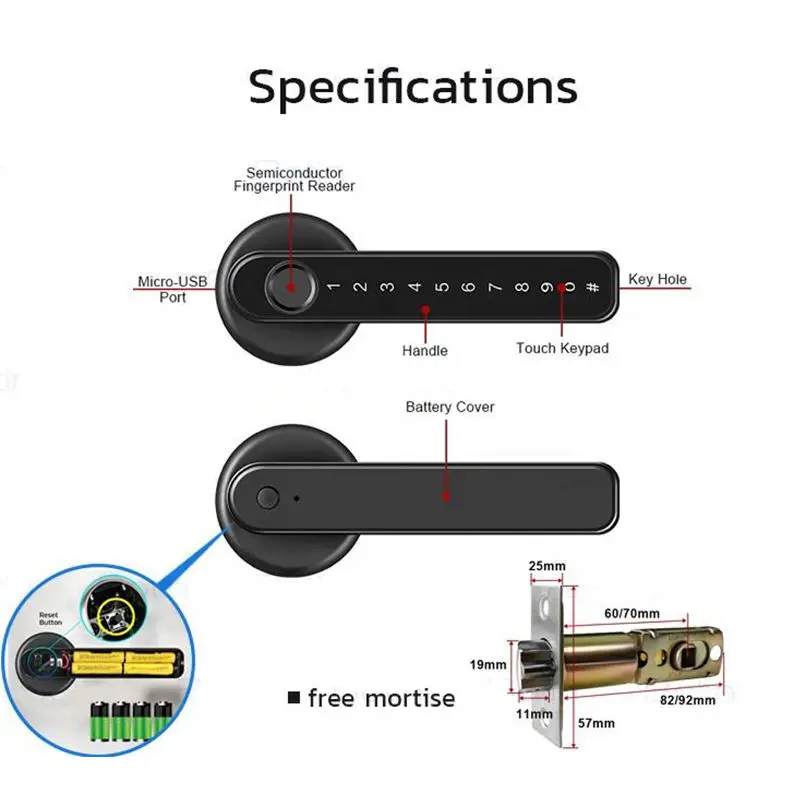Tuya Bluetooth Biometric TTlock APP Door Handle Lock Digital Electronic Lock with Password/Key/IC Card/ Fingerprint/ APP Unlock