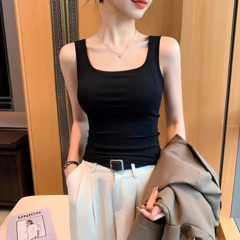 New Pure Desire Sexy Square Neck Tank Top Women Boned Seam Hide Underarm Fat Slim Fit Versatile Chic Casual Daily Female Clothes