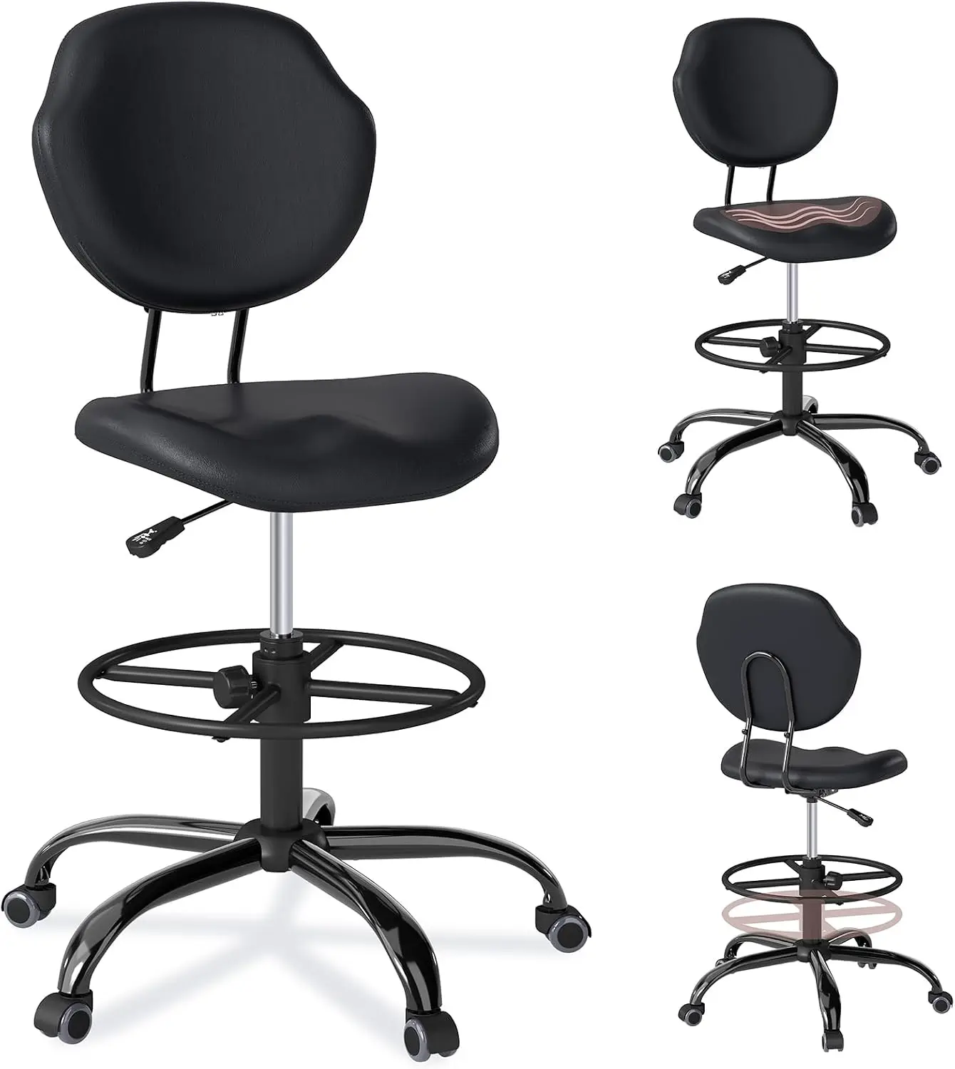 Drafting Chair With Back Support Tall Desk Rolling Stool Armless High Faux Leather Office Chair With Footrest Ring Height Adjustable Seating For Standing Desk Workbench Studio Black Set Of 1