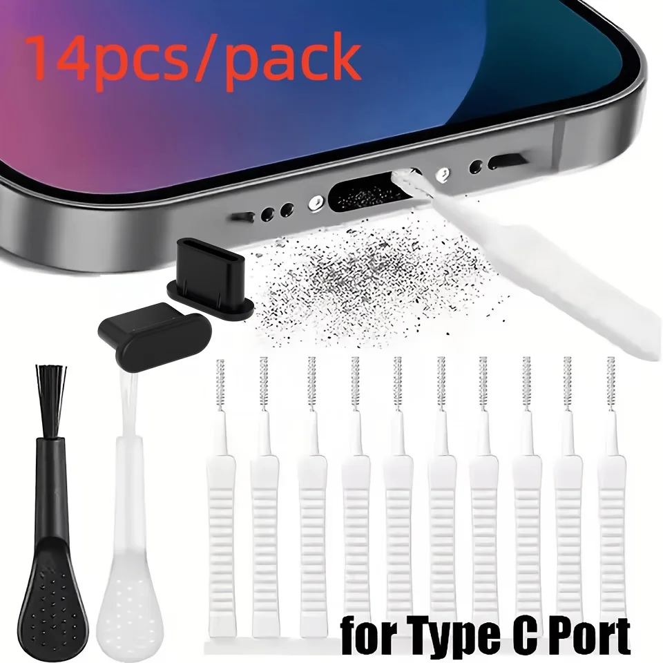 14pcs/pack Random Color phone dust cover set, phone charging port cleaning brush