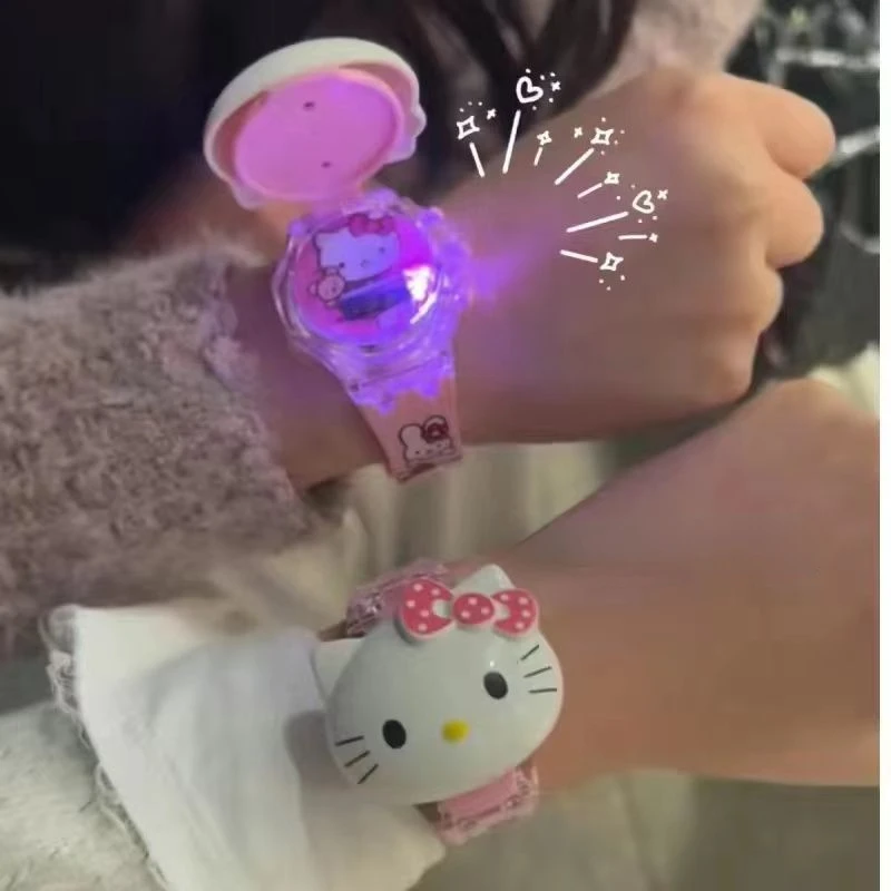 Hello Kitty Sanrio Kuromi Stitch Cute KT Cat Glow Watch Flip Cover Digital Watch Flashing Light Student Accessories Girls Gifts