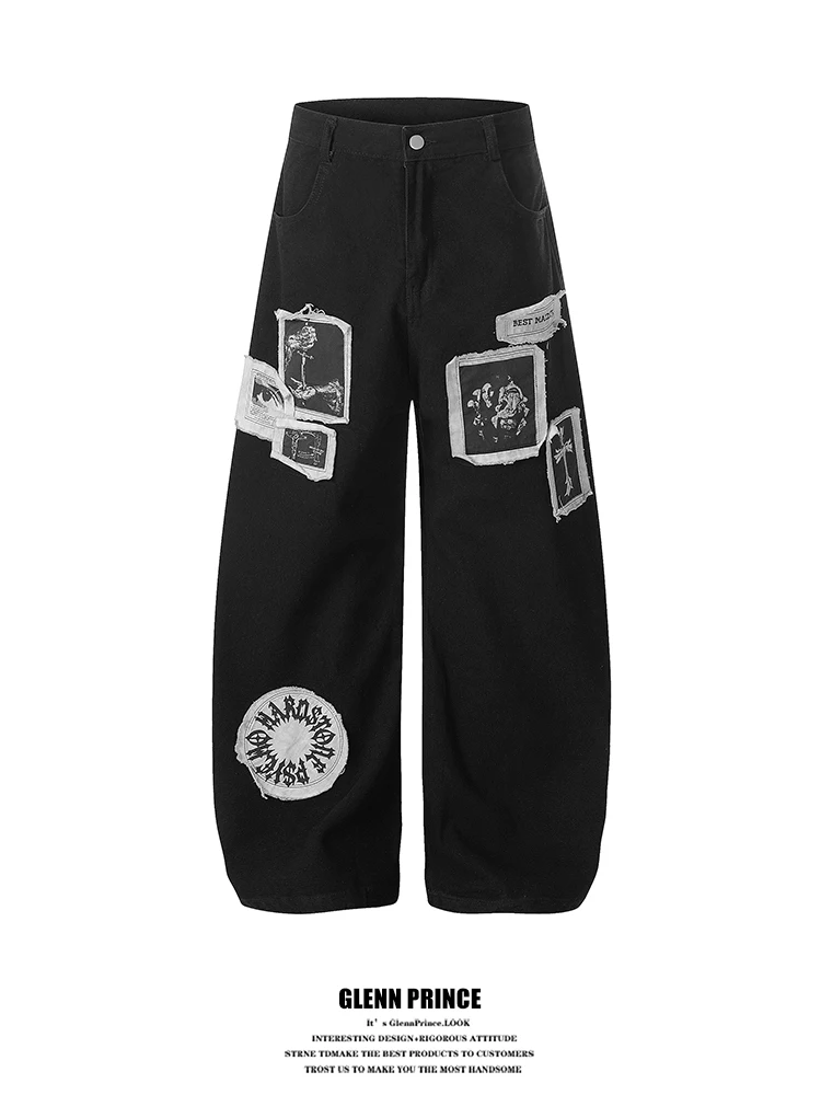 

GPstudio American Street Punk Style Patchwork Jeans Men's Trendy Cool Design Loose Wide Leg Knife Long Pants Casual Jeans