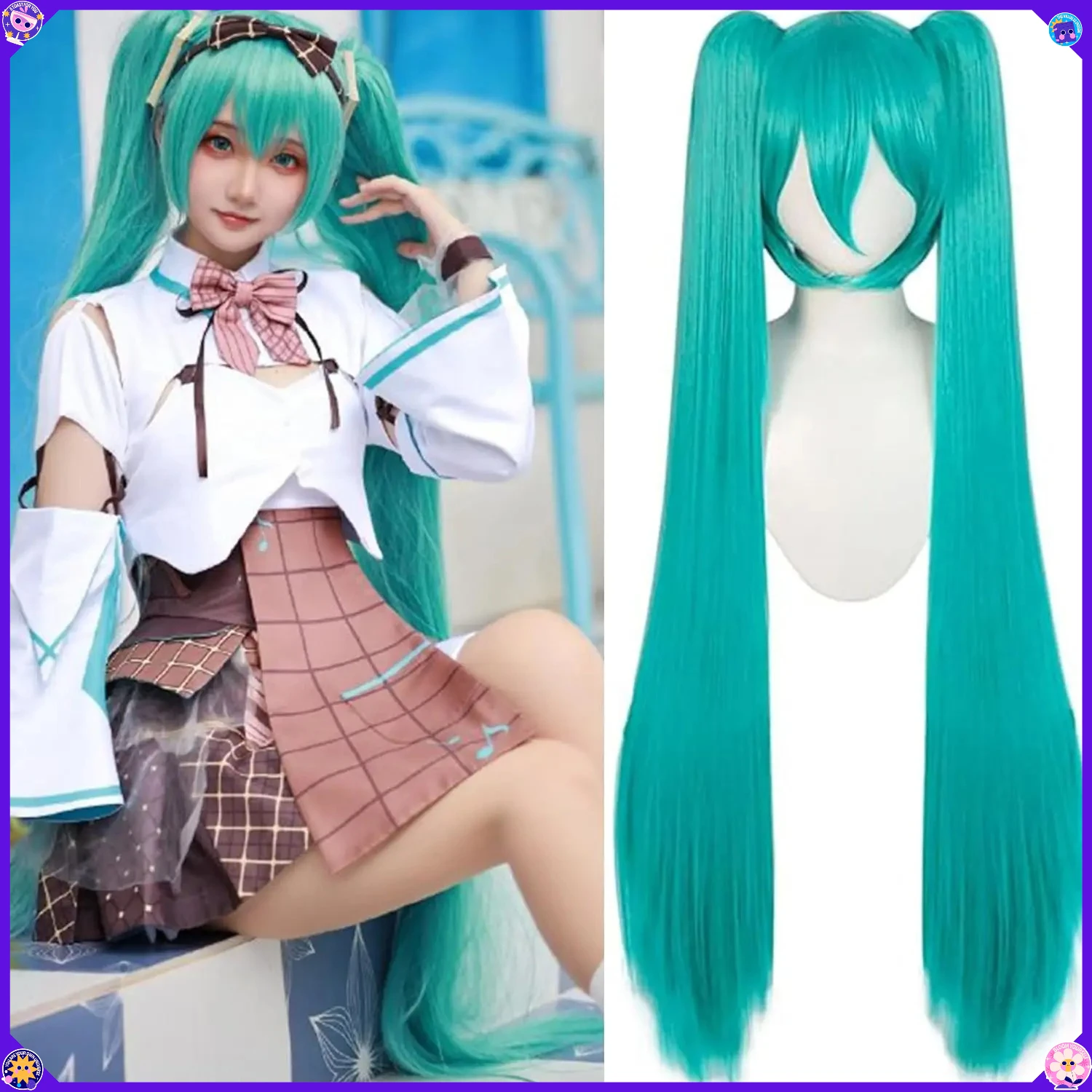 110cm Mi-ku Inspired Synthetic Blue Long Cosplay Wig with Detachable Twin Ponytails Heat Resistant Fiber Hair Costume Anime