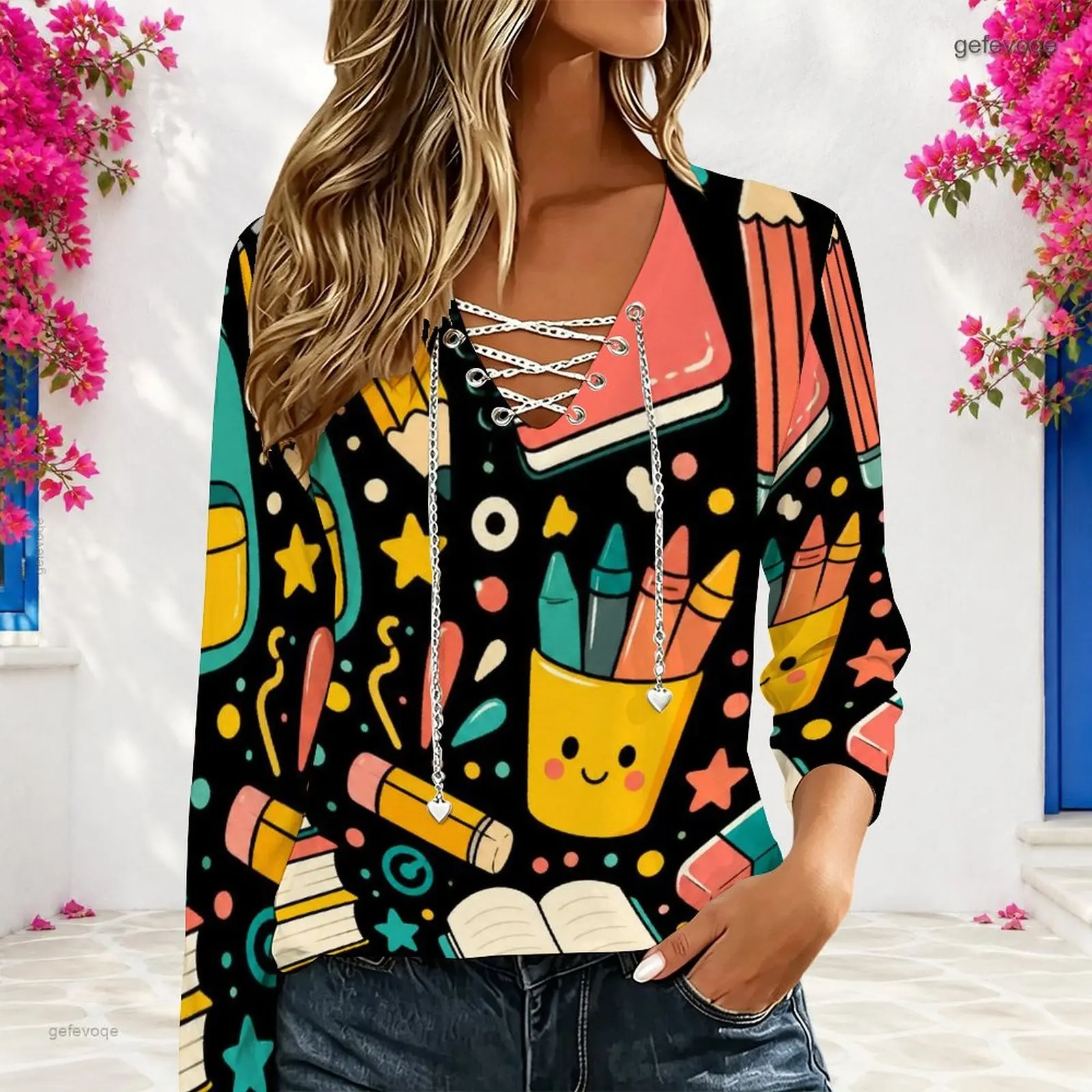 Women V Neck Long Sleeve Top Metal Chain Criss Cross Lace Up Cutout Loose Casual Blouse Custom Print Ladies Western Style Tee - view 4