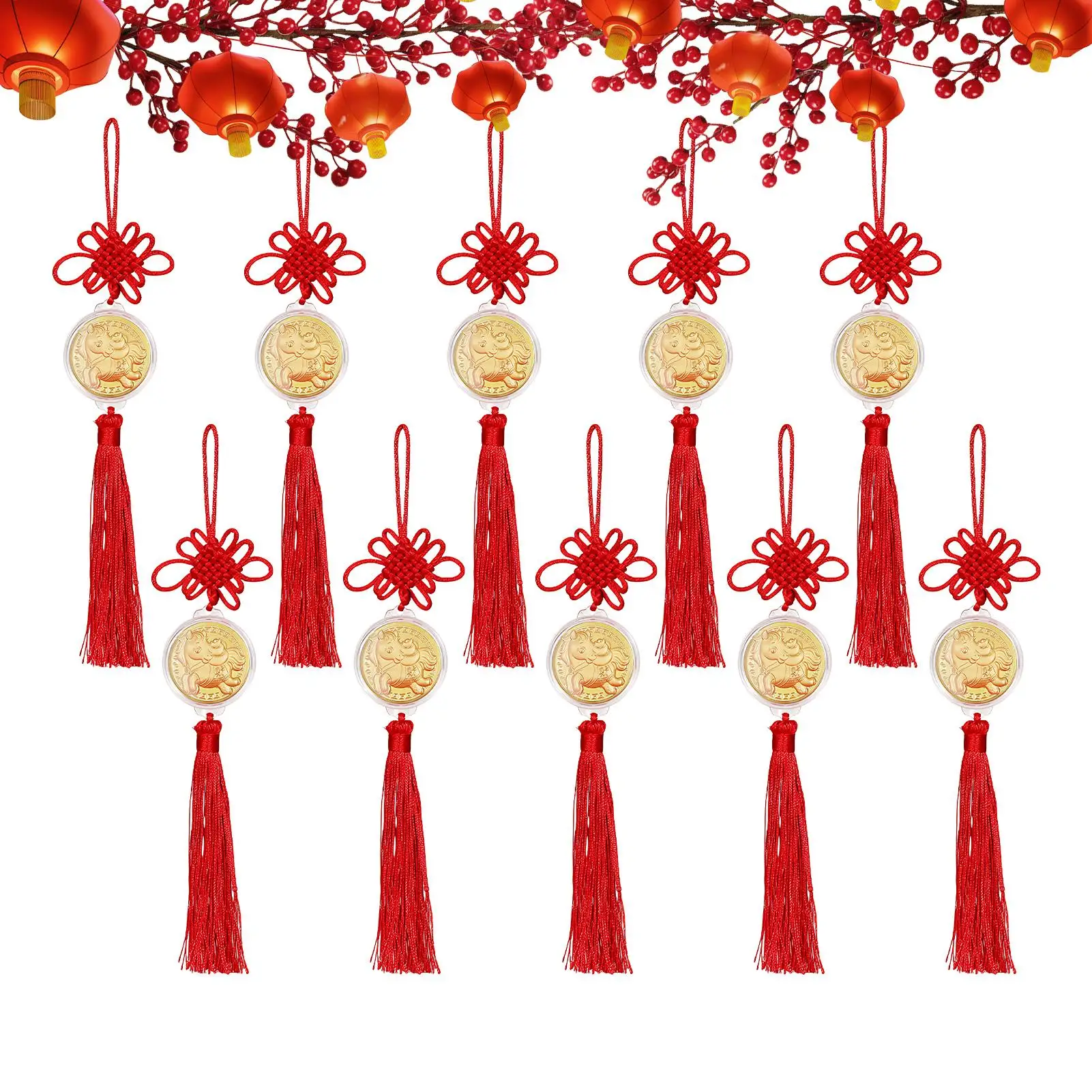 Gold Chinese New Year Horse Coin Pendant, 10PCS  Commemorative Set with Tassel for Car, Home interior & Shop Display