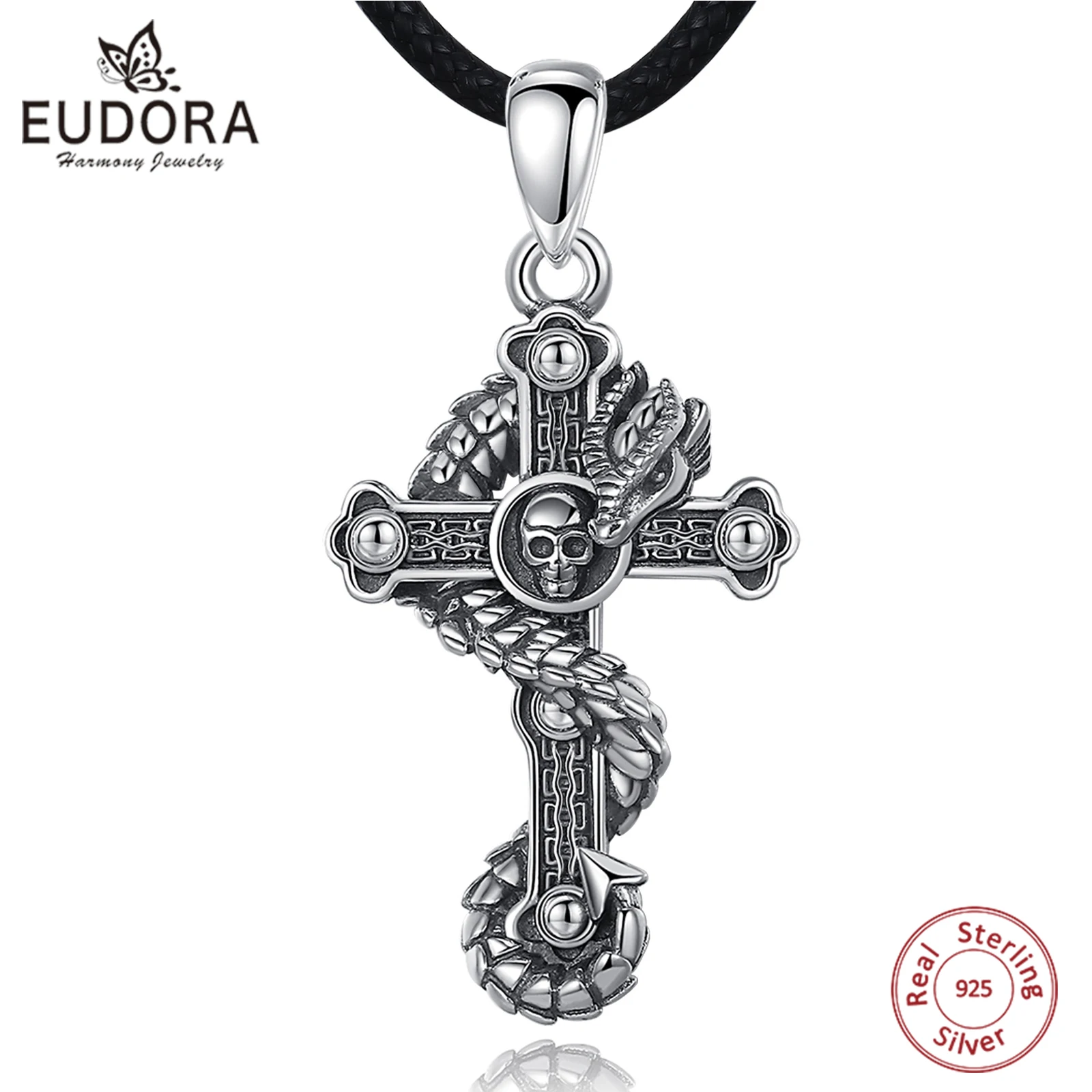 EUDORA 925 Sterling Silver Gothic Skull Cross Pendant Necklace Punk Men Skull Dragon Necklace Jewelry Fine Gothic Jewelry Gift