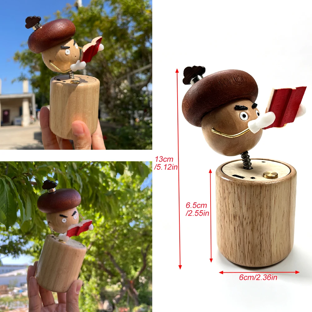 1PCS Cute Wooden Mushroom Man Bobblehead Figurine - Handmade Forest Mushroom Reading Book Statue, Aesthetic Desk Decor