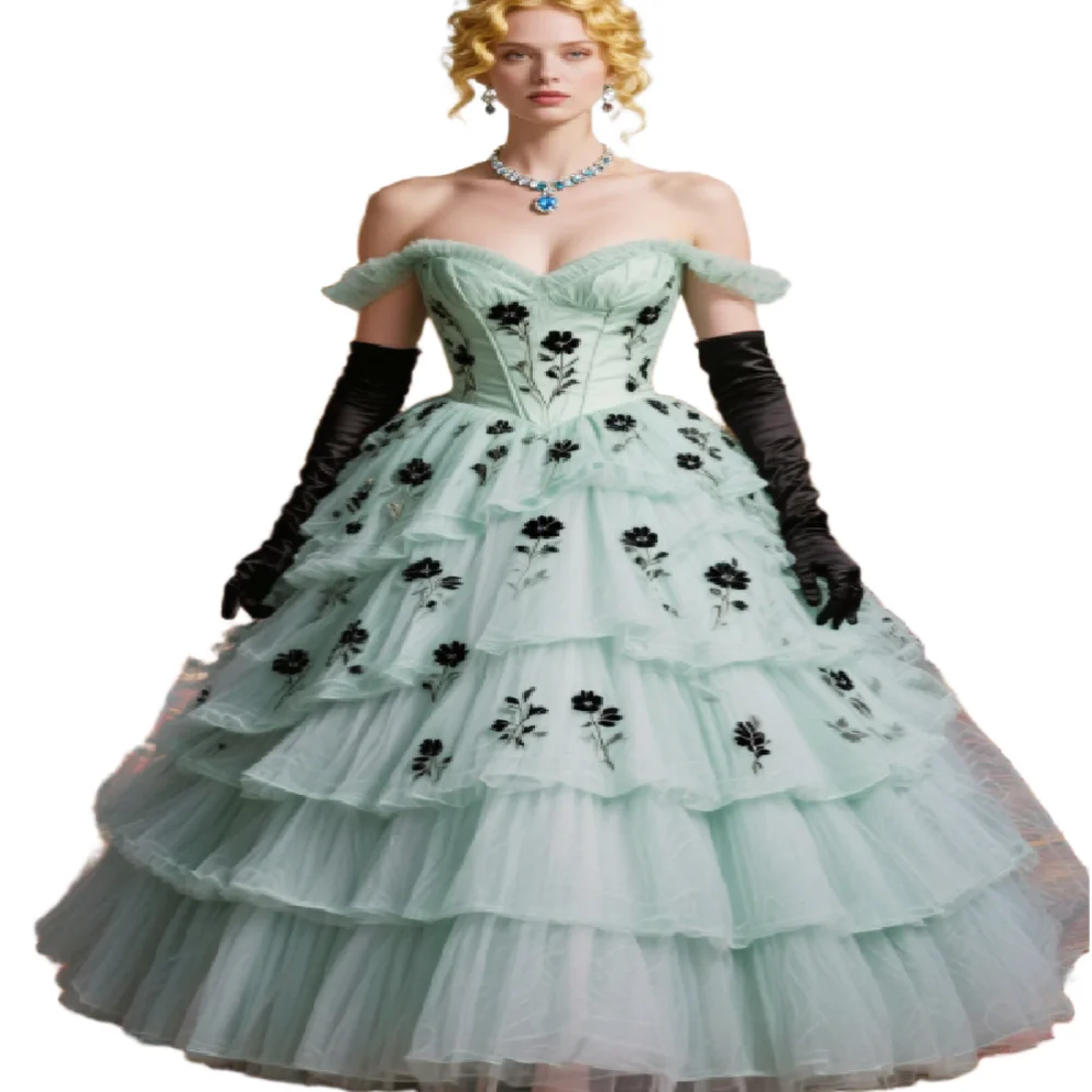 Whimsical Sage Green Evening Dress 2026 Off Shoulder Tea Length Tulle Prom Gowns Costume Gypsy Summer Holiday Party Medieval