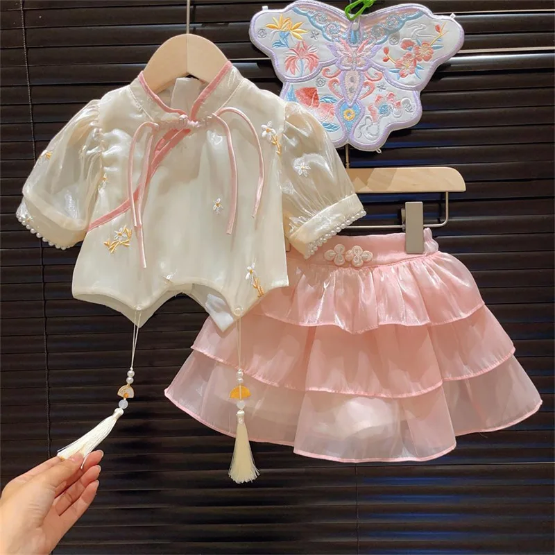 

Girls Summer Two-Piece Suit2024New Baby Chinese Style Chinese Knot Button Embroidery Top and Skirt One Piece Dropshipping