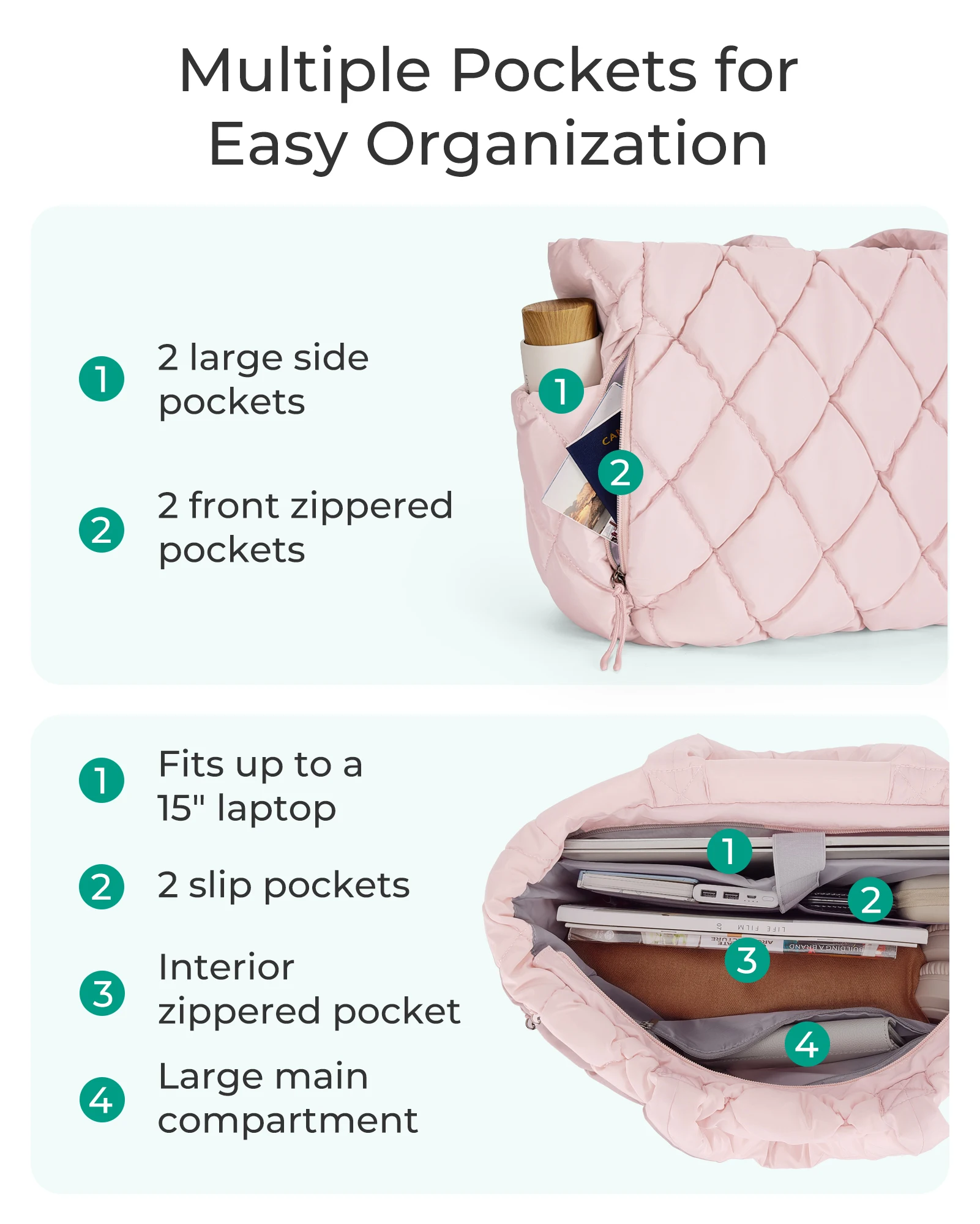 BAGSMART Quilted Puffy Tote Bag Women Work Bag with Compartments Minimalist Trendy Padded Shoulder Handbag For Daily Commute