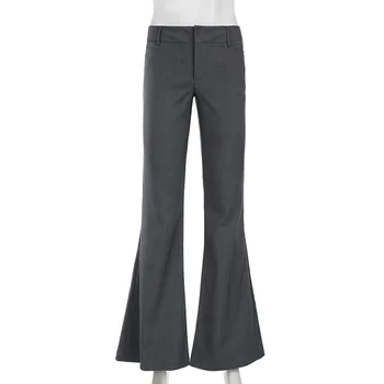 Grey Flare Formal Pants 3 Lucyever Grey Low Waisted Flared Pants Female Y2K High Street Retro Wide Leg Trousers Fashion Slim Pocket Office Lady Suit Pants 3