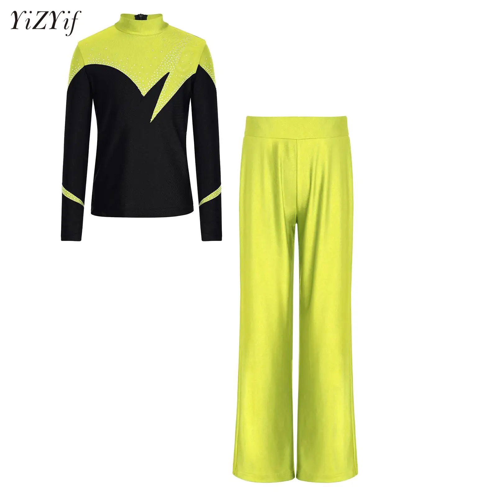 

Rhinestones Roller Skating Clothing Set for Boys Long Sleeve Mock Neck Zipper T-shirt with Pants Ice Skating Competition Outfits