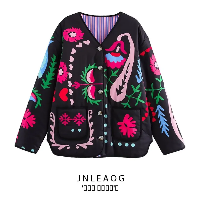 

JNLEAOG Faionable Loose round Ne Printed Jaet Women's Autumn New Sle All-Match Design Long Sve Polyester Fiber