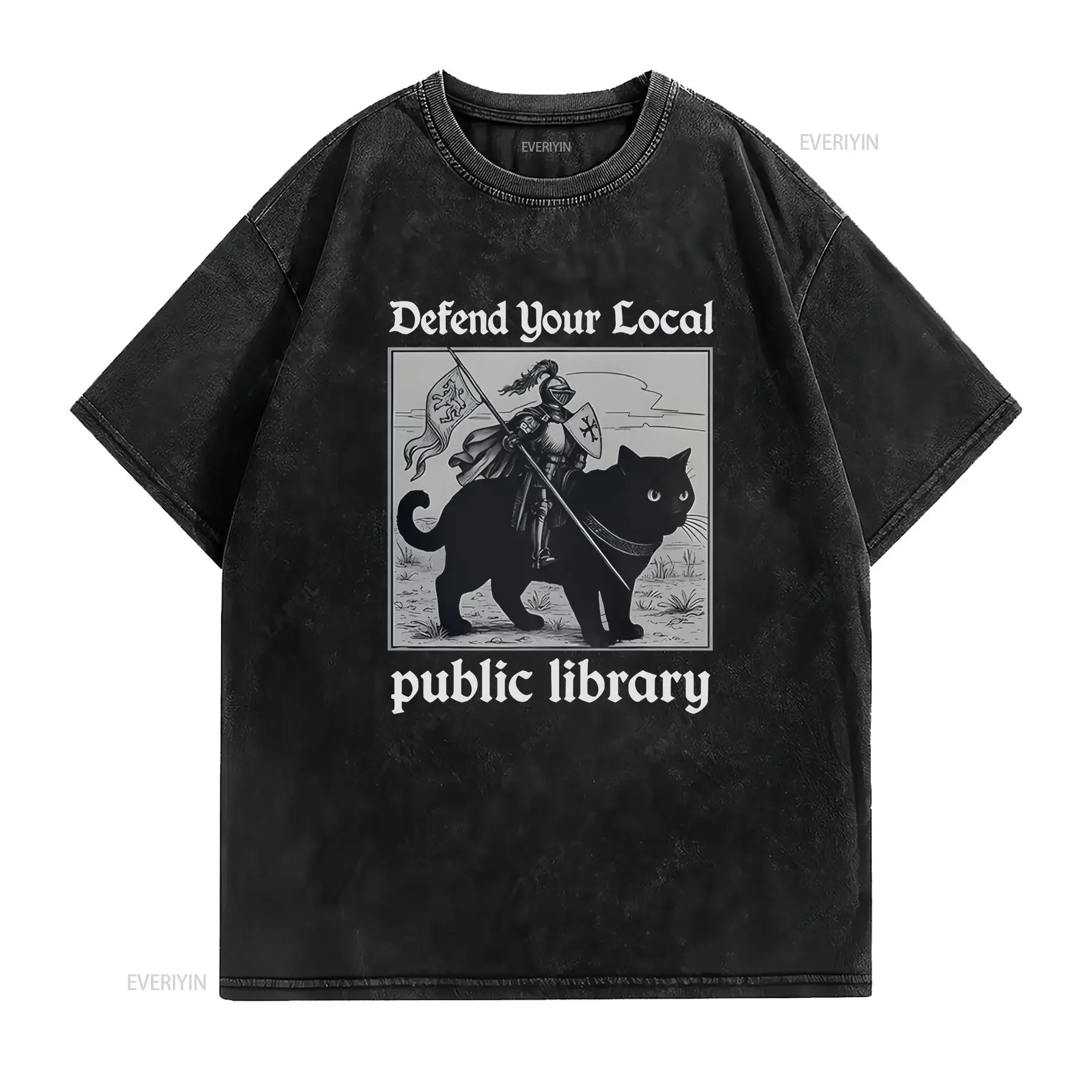Defend Your Local Public Library Funny Knight Cat T Shirt vintage Washed graphic designer clothes streetwear