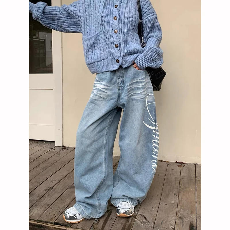 ZHIZOU Women Vintage Blue Y2k Baggy Jeans Harajuku 90s Character Print Denim Trousers Streetwear Japanese 2000s Oversize Pants