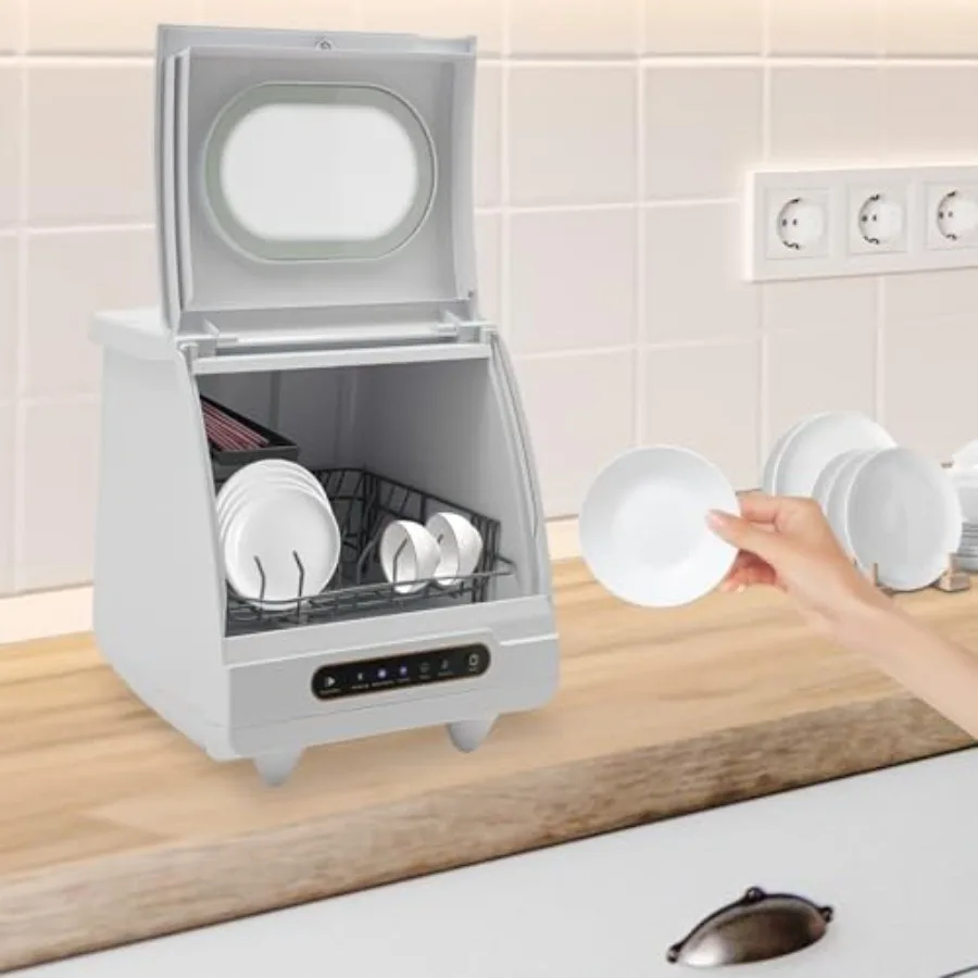 غسالة أطباق محمولة على سطح الطاولة بقدرة 1200 وات مع 12 منفذًا للمياه و360 رش للتنظيف باللون الأبيض طبق أوتوماتيكي بالكامل