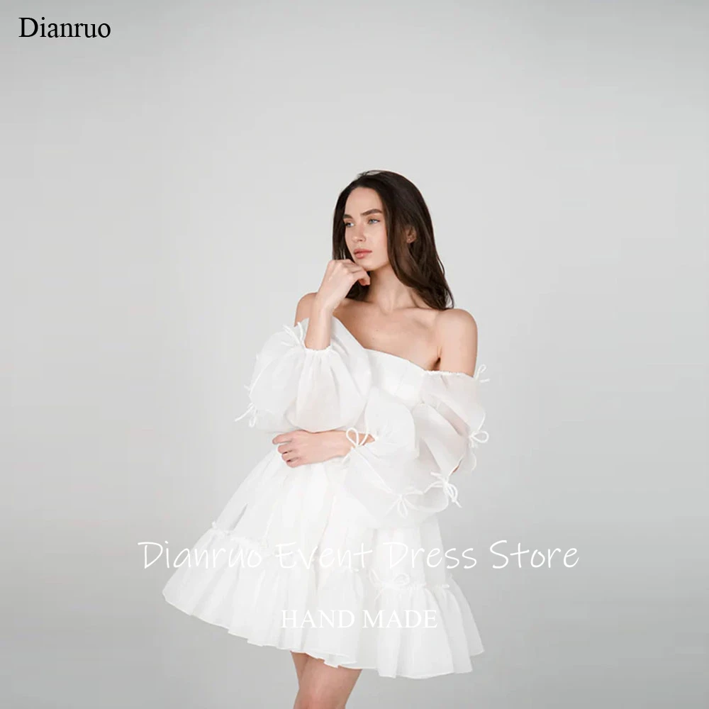 Dianruo Square Neckline Wedding Dress Illusion Puffed Long Sleeves Prom Dress Delicate Bow Knots Homecoming Dresses Customized