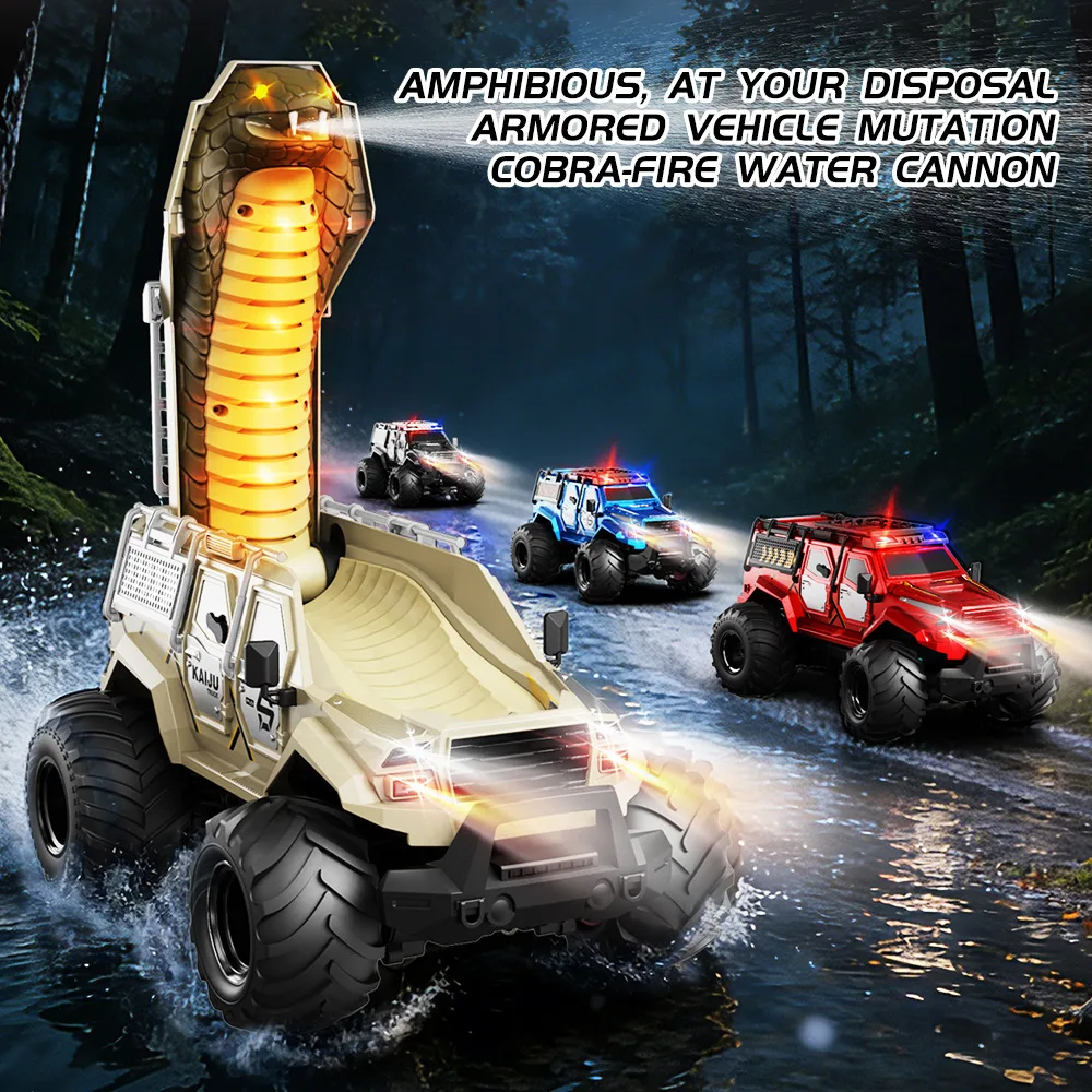 Kids Amphibious Remote Control Truck Land Water 2 In 1 Cobra Shape Transform Water Spray RC Off Road Play Toy
