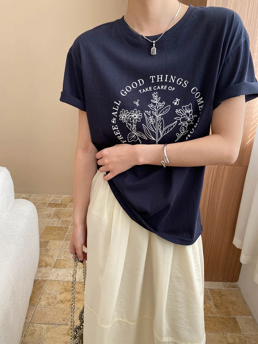

Summer women's casual letter printed round neck short sleeved loose T-shirt