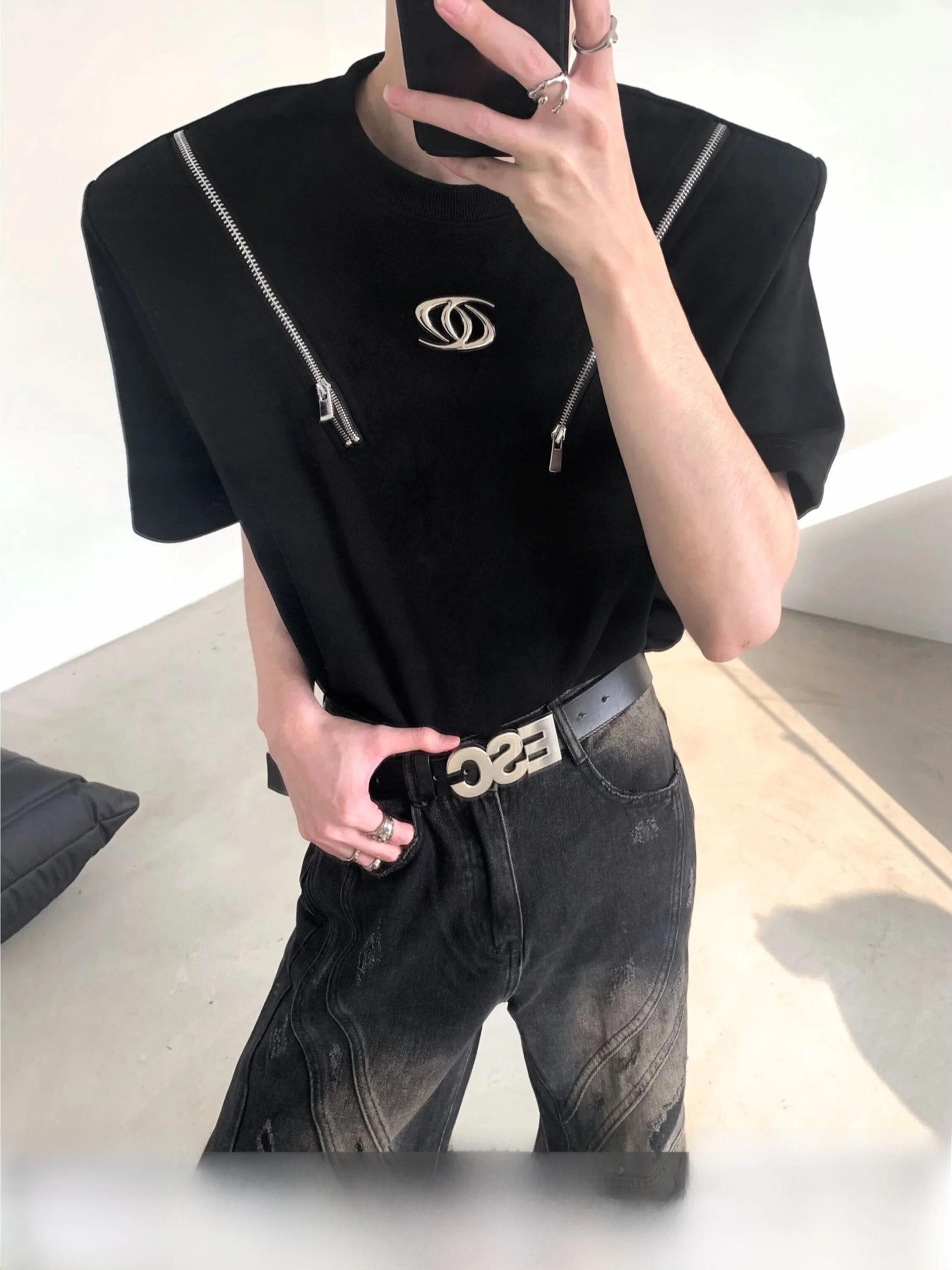 Fall Mountain Wind Original Deconstructed Metal Design Shoulder Pad Short Sleeve Men's Heavyweight Trendy Zipper T-Shirt Prem...
