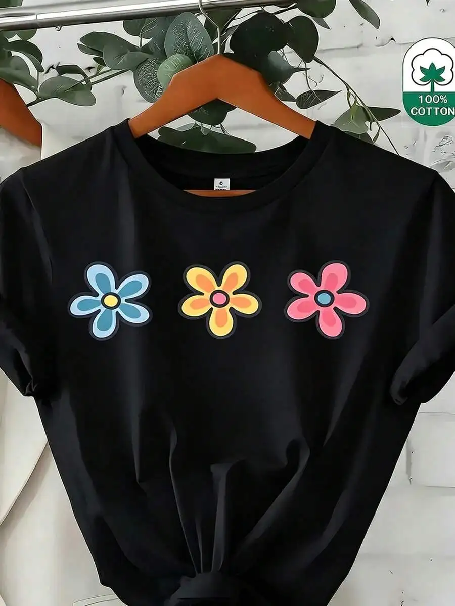 Women's Casual Summer Daily T-Shirt, Crew Neck Short Sleeve Regular Fit Tee With Three Small Floral Print, Comfortable Elastic Fabric, Simple Everyday Outfit & Minimalist Gift Idea